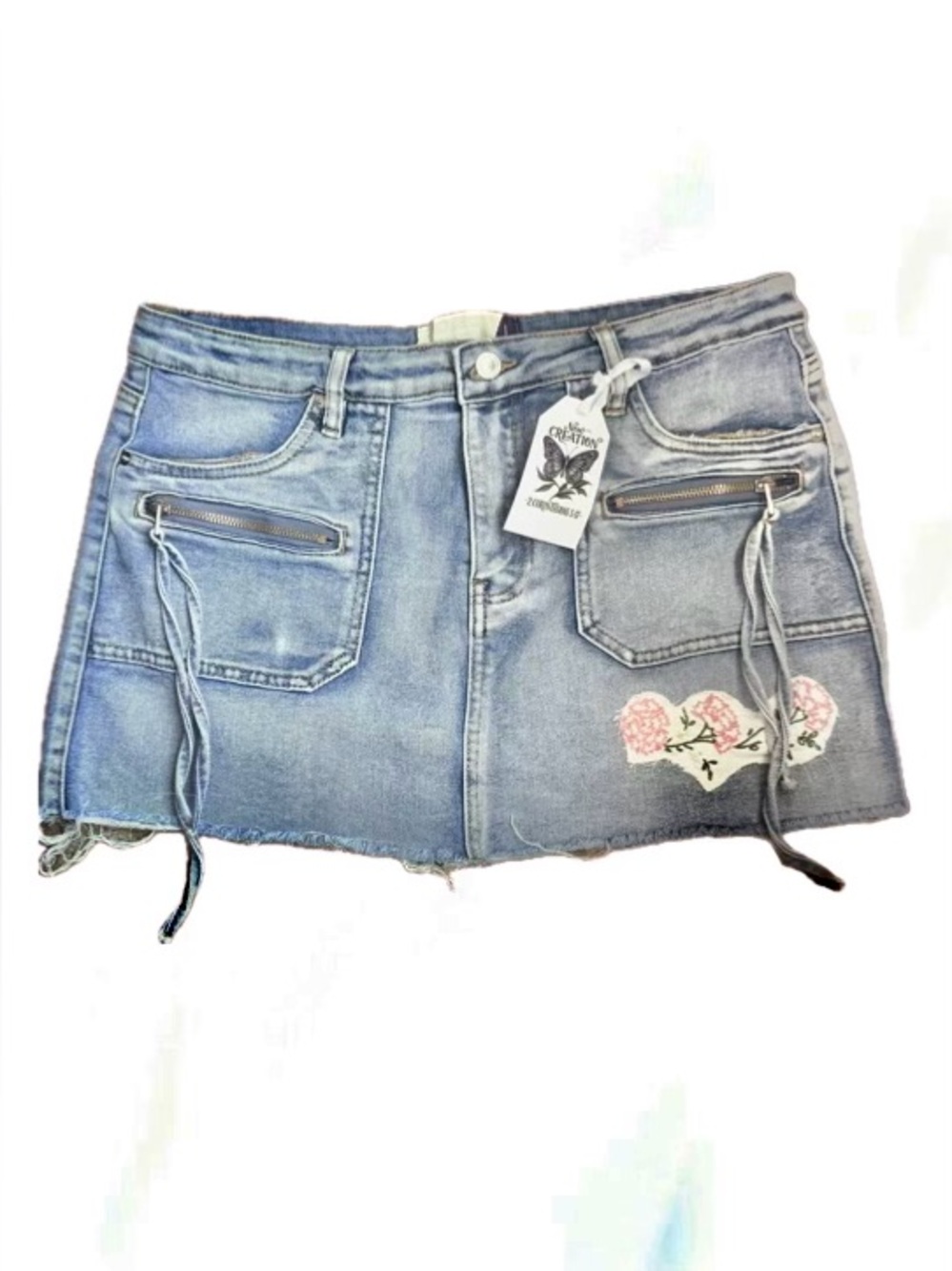 Upcycled Light Wash Denim Mini Skirt with Pink Floral Patches